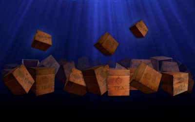 Boxes of tea floating in water